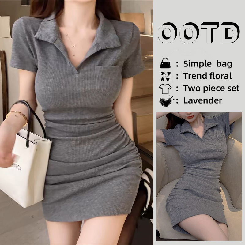 Polo Collar Short-Sleeved Dress for Women, New Summer Style, Hot Girl, Petite, Slim Fit, Elegant, Sexy, Hip-Hugging Short Skirt