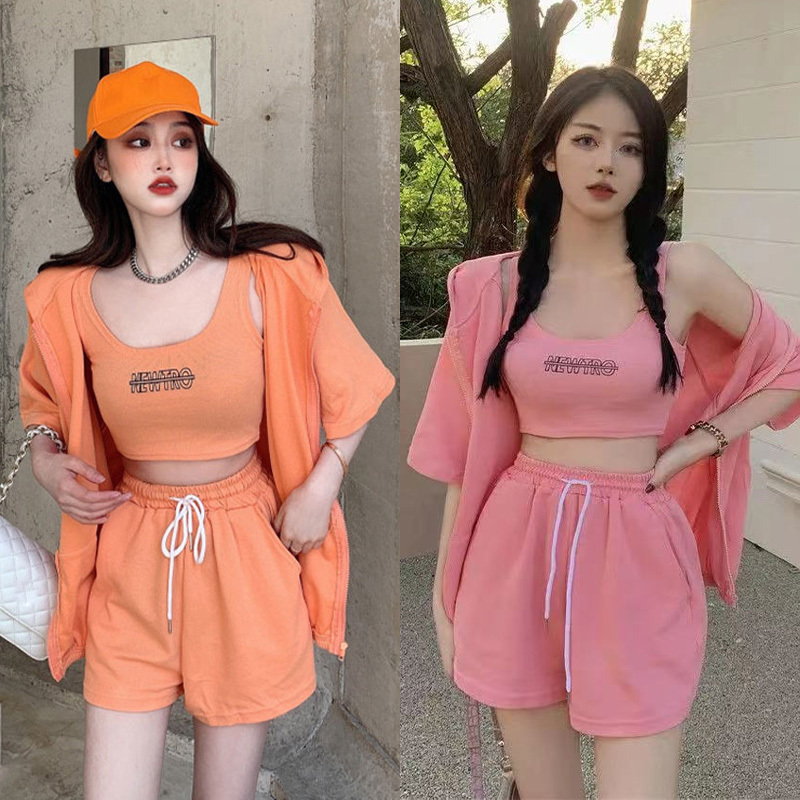 Trendy Street Style Petite Casual Sports Suit for Women, Summer Tank Top, Wide-Leg Shorts, Hooded Jacket Three-Piece Set