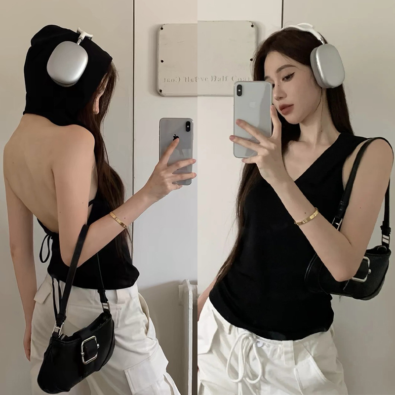 American-Style Spicy Girl Hooded Halter Neck Camisole for Women, New Summer Design, Unique Backless Slim-Fit Black Top