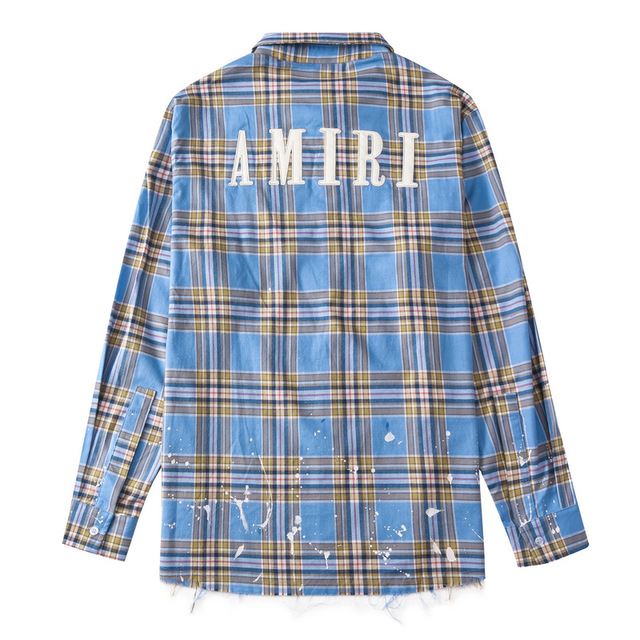 L2224SODAYOHO American style classic lattice AMIRI Splash ink tassels High street Long sleeve shirt male easy leisure time shirt