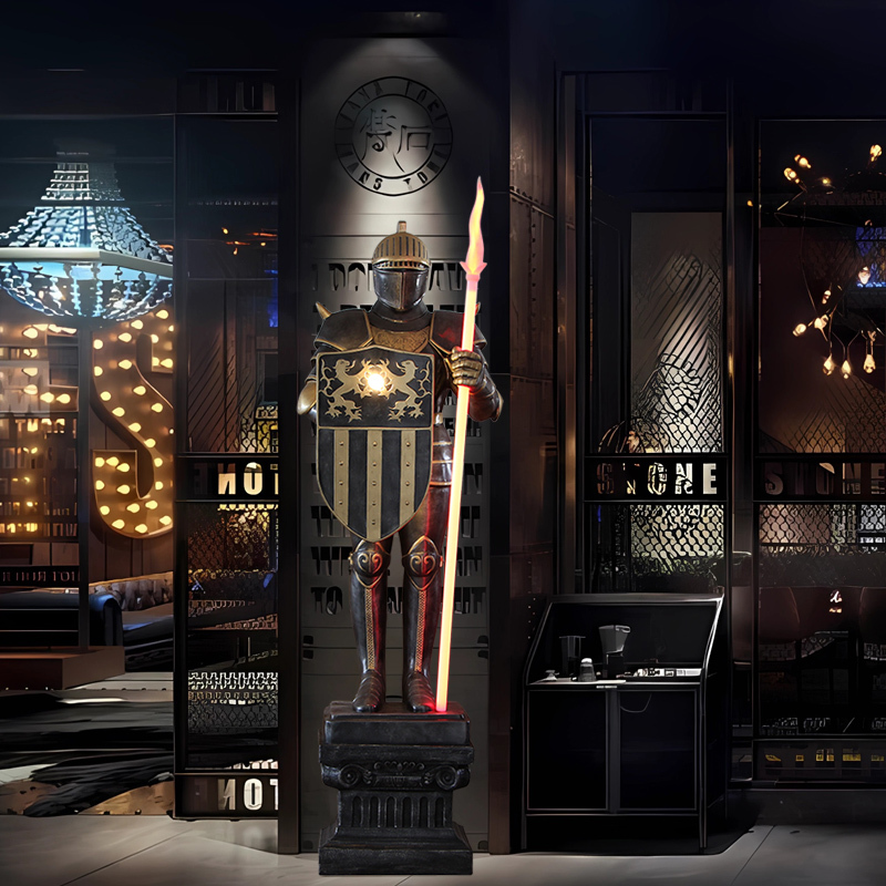 Retro Roman Armor Black Warrior Figurine Glowing Sculpture Bar Club Restaurant Fortune-Attracting Welcome Figure Statue