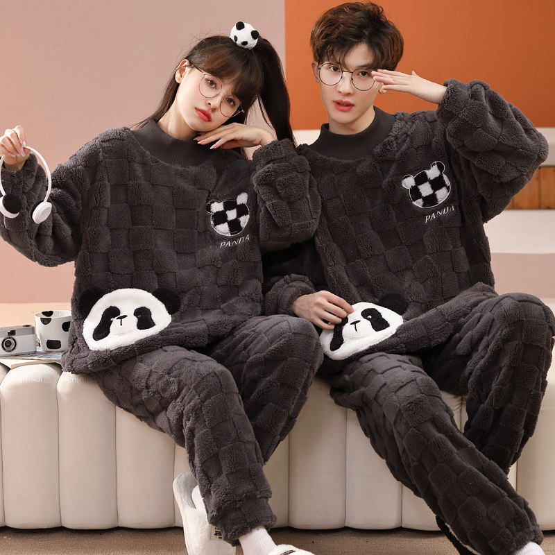 Autumn and winter couple pajamas women's coral fleece winter models thickened plus velvet men's new cute home clothes winter suits