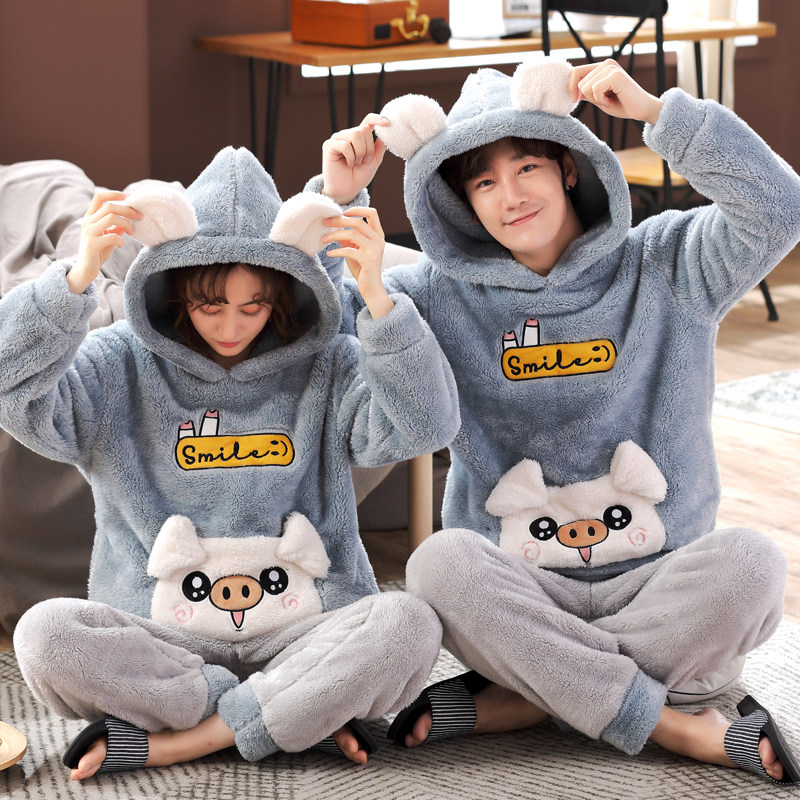 Couple nightdress female winter coral velvet autumn winter style cute thickness plus men winter flannel sleeve suit