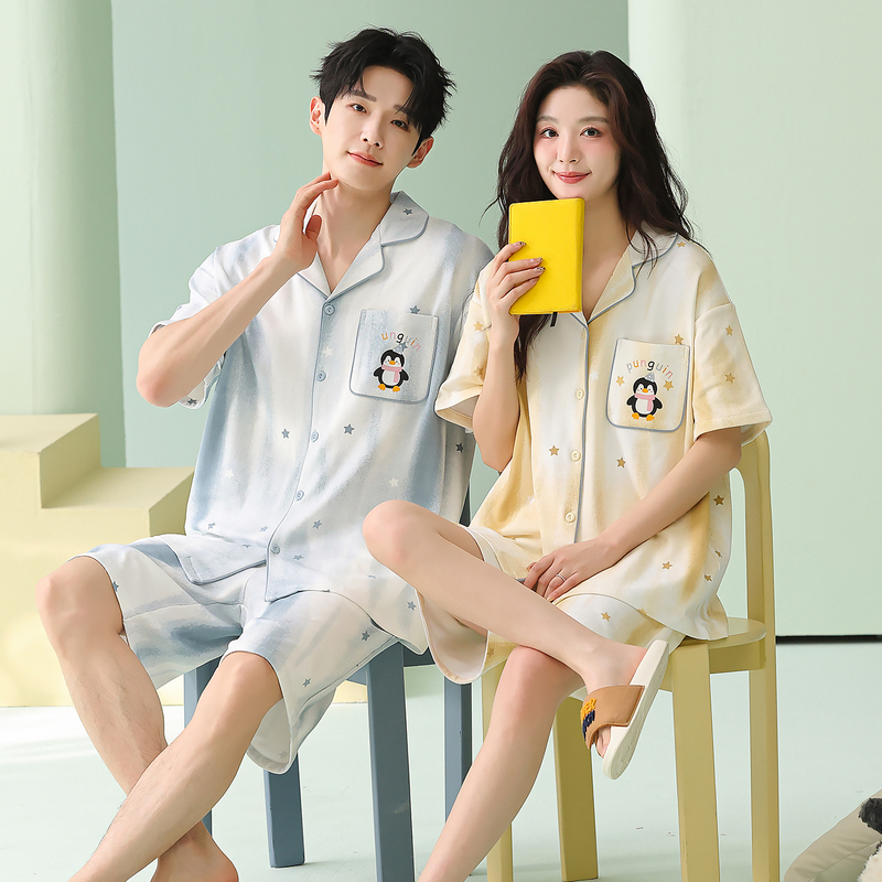 Pure Cotton Short-Sleeved Couple's Pajamas for Women, Cute and Thin for Summer, Men Can Wear Them Outside, Penguin Home Wear Set