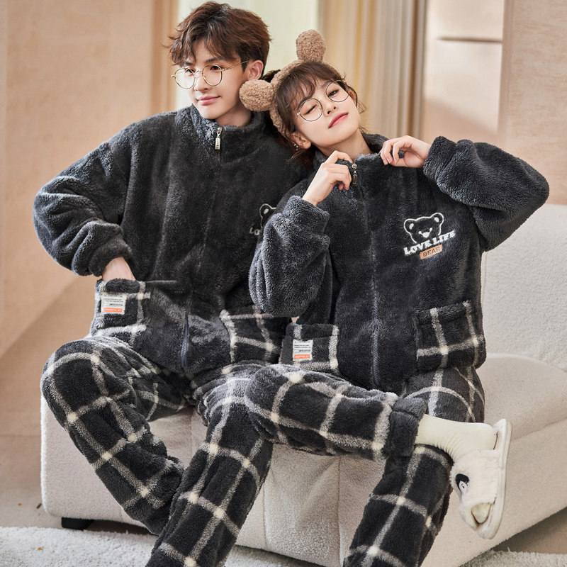 Couple pajamas women in autumn and winter 2022 new coral velvet cute winter fastener wear men's high collar suit