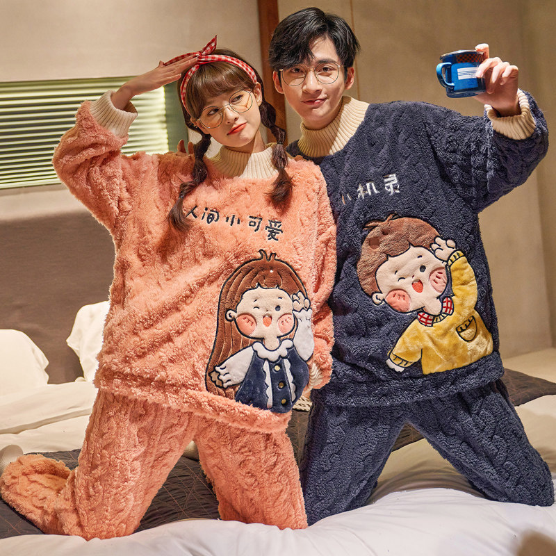 Autumn and winter couple pajamas female coral fleece plus velvet thick cute cartoon men's winter home service winter pullover