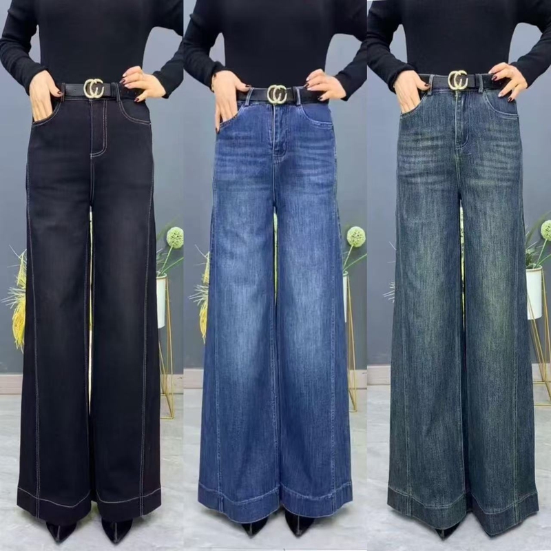 High-End Denim Wide-Leg Pants 2025 Spring & Fall New High-Waisted Elastic Loose Elegant Large Size Fashionable Draped Jeans