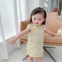 Girl Qipao 2021 Summer New Money Baby National Wind Qipao Dress Short Sleeve Broken Flowers One-piece Dress Chinese Wind