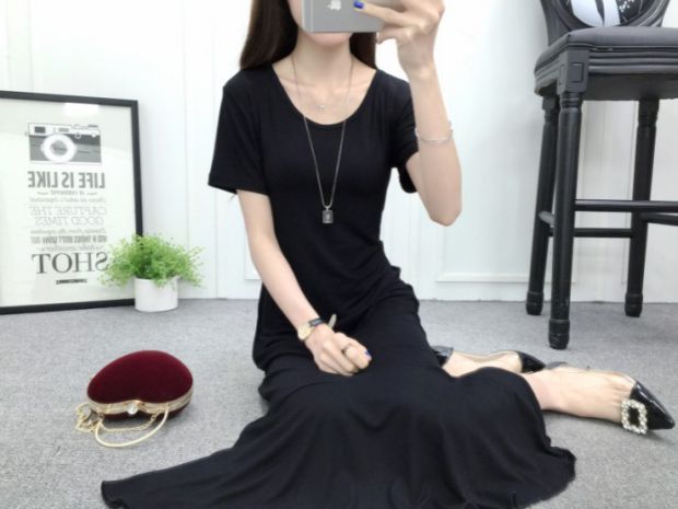 Váy cổ tròn tay ngắn mùa hè mới của phụ nữ dài váy đuôi cá thon dài váy mỏng là váy xù cỡ lớn - Váy dài váy 2 dây dáng dài