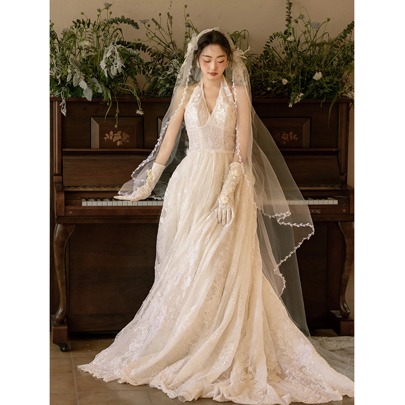 2026 New Model Bridal Handmade Wedding Dress with Moss Lace, Elegant and Simple, High-End Feel, Slimming Effect 2026 New Model Bridal Handmade Wedding Dress with Moss Lace, Elegant and Simple, High-End Feel, Slimming Effect