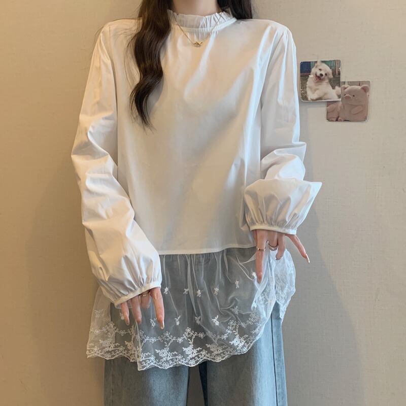 White Regular Shoulder Shirt for Women, Spring Clothing, Plus Size, Slimming, Mid-Length, Lace Trim Hem Shirt, Base Layer Top