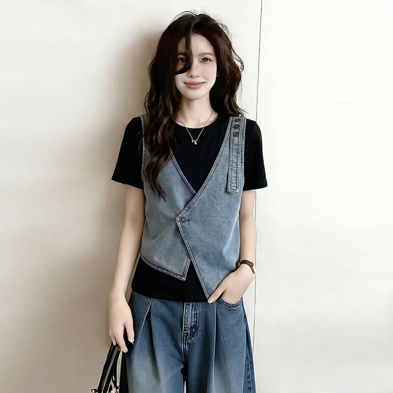 Black Faux Two-Piece Denim Short-Sleeve T-Shirt for Women, 2026 New Summer Style, Plus Size, Slimming, Regular Shoulder, Irregular Top Black Faux Two-Piece Denim Short-Sleeve T-Shirt for Women, 2026 New Summer Style, Plus Size, Slimming, Regular Shoulder, Irregular Top