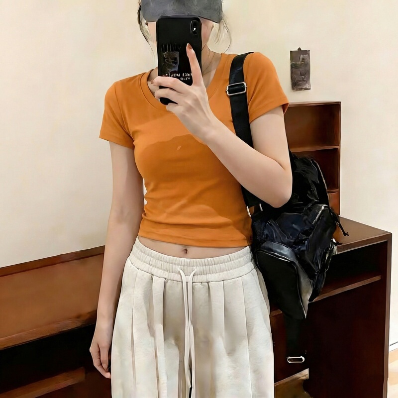 Pumpkin Orange Short-Sleeved T-Shirt for Women 2026 New Summer Plus Size Slimming and Very Attractive Regular Shoulder Short Top
