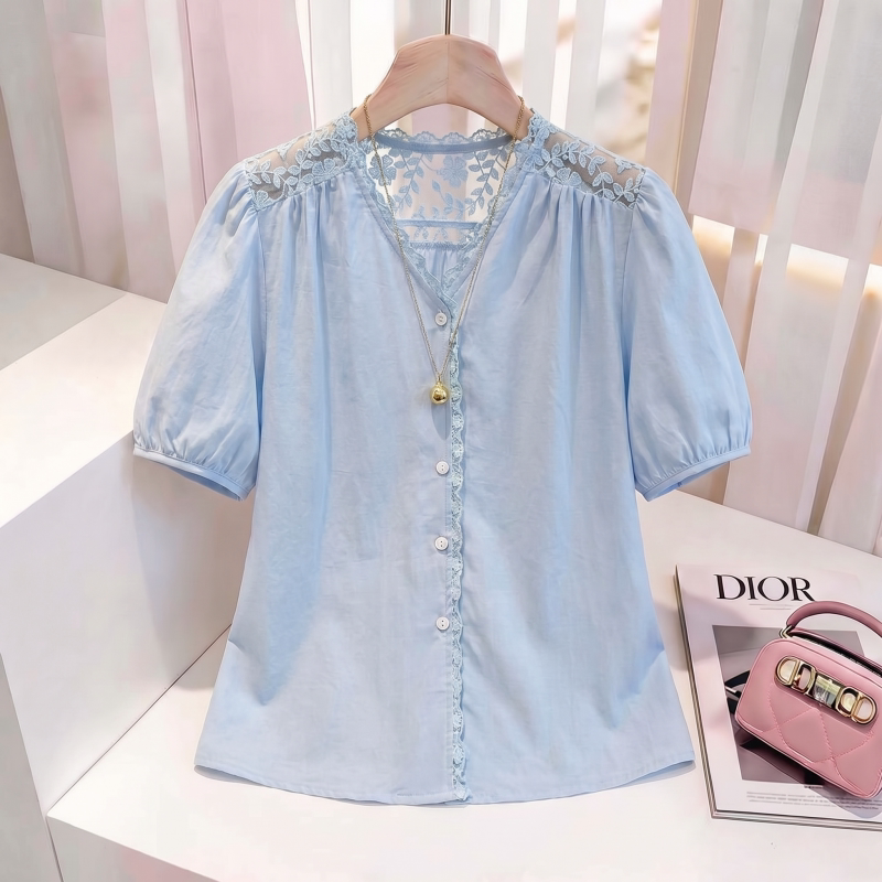 Light Blue Lace V-Neck Short-Sleeve Shirt for Women, 2026 New Summer Style, Plus-Size Trendy Blouse