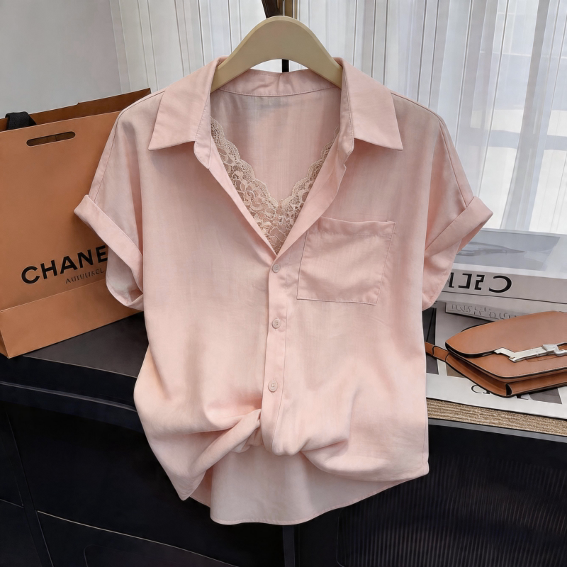 Pink Fake Two-Piece Lace V-Neck Short-Sleeve Shirt for Women 2026 New Summer Plus Size Unique and Beautiful Top Pink Fake Two-Piece Lace V-Neck Short-Sleeve Shirt for Women 2026 New Summer Plus Size Unique and Beautiful Top