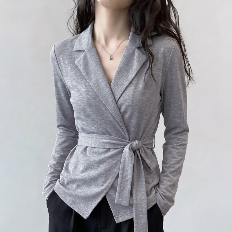 Commuter Style Gray V-Neck Long-Sleeve Shirt for Women, 2026 New Autumn Plus-Size Tie-Waist Slimming Top Commuter Style Gray V-Neck Long-Sleeve Shirt for Women, 2026 New Autumn Plus-Size Tie-Waist Slimming Top