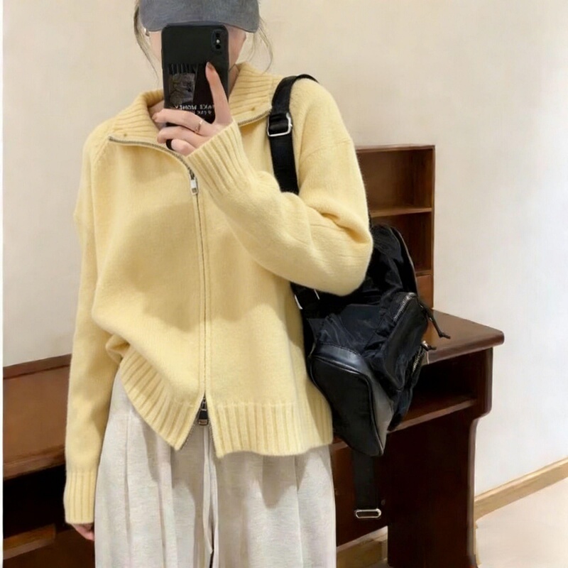 Cream-Colored Shoulder-Length Double-Zip Sweater Knitwear for Women 2026 New Spring Plus-Size Cardigan Jacket Top