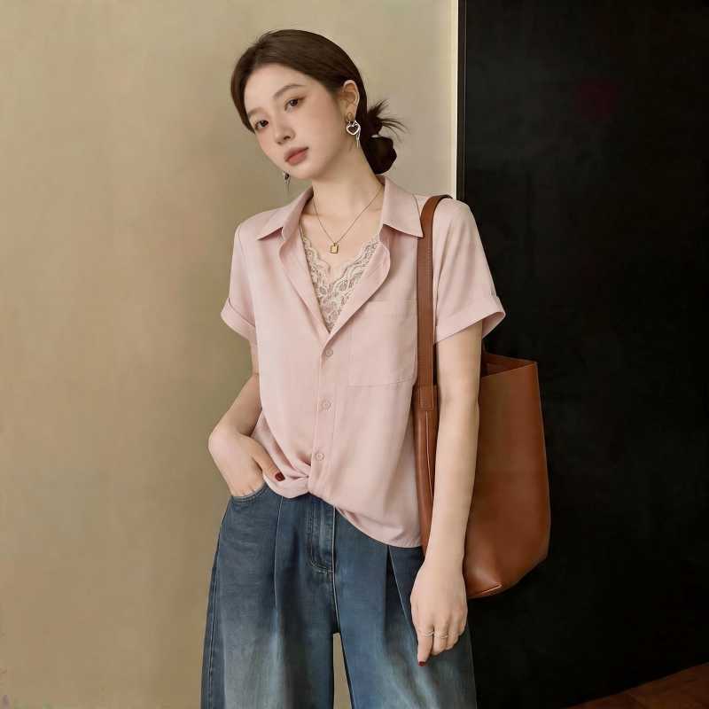 Pink Faux Two-Piece Lace V-Neck Short-Sleeve Shirt for Women, 2026 New Summer Style, Plus Size, Slimming, Tummy-Concealing Top