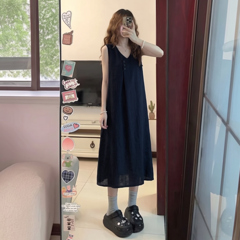 Navy Blue V-Neck Sleeveless Dress for Women 2026 New Summer Plus Size Slimming Tummy-Covering Straight Tank Dress