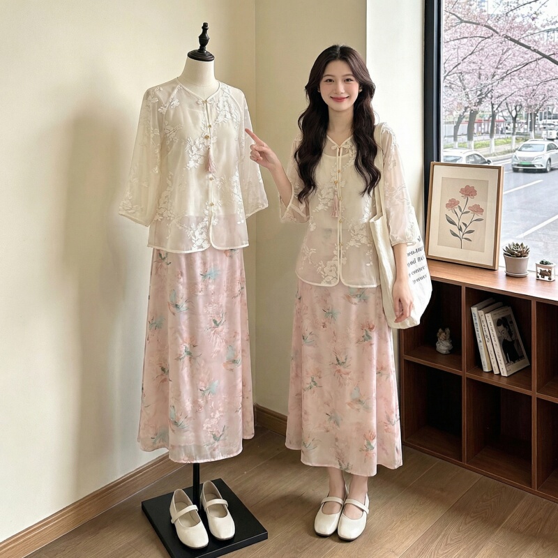 Plus Size Women's Clothing, New Chinese Style Pink Suit Dress for Fat Women, 2026 Super Popular Summer Outfit, Complete Two-Piece Set