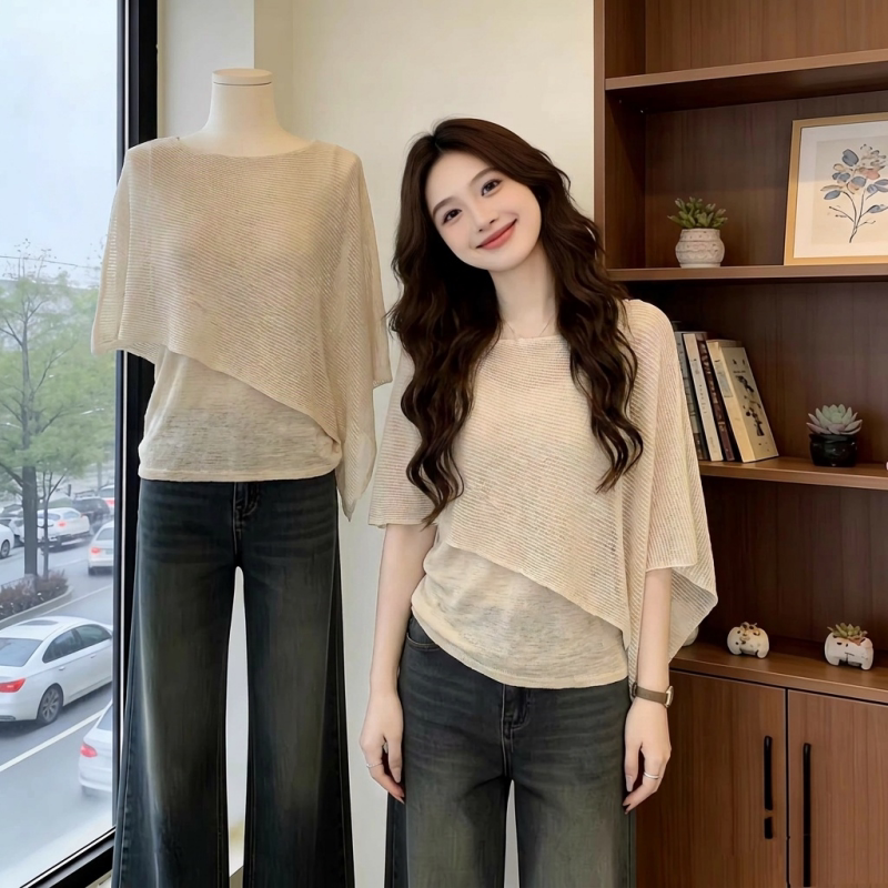 Ice Silk Thin Two-Piece Style Shawl Short-Sleeve T-Shirt for Women 2026 New Summer Plus Size Fat mm Top That Covers the Belly and Looks Slimming