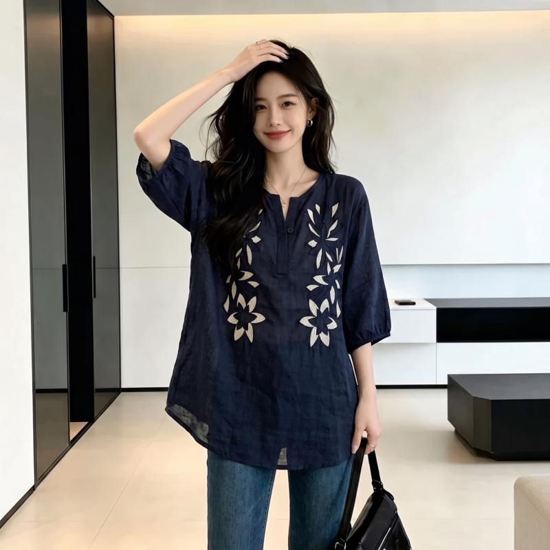 Old Money Style Ramie Embroidered Short-Sleeved Shirt for Women 2026 New Summer Plus Size Slimming Belly-Covering High-End Top