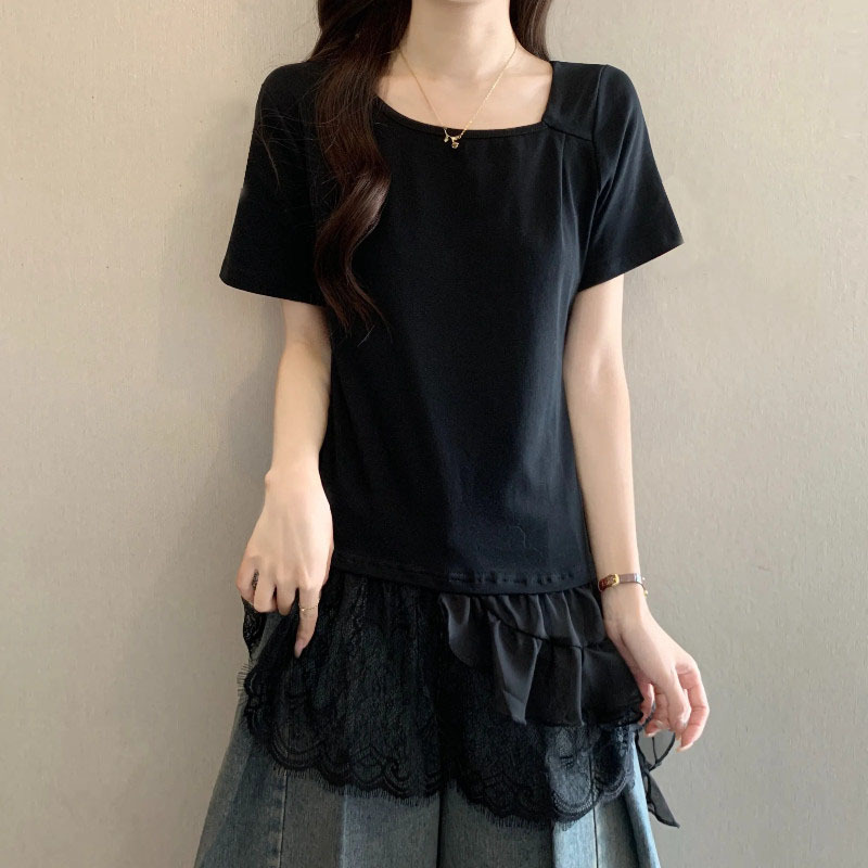 Black Short-Sleeved T-Shirt for Women 2026 New Summer Plus Size Plus-Size High-End Mid-Length Lace Ruffle Top