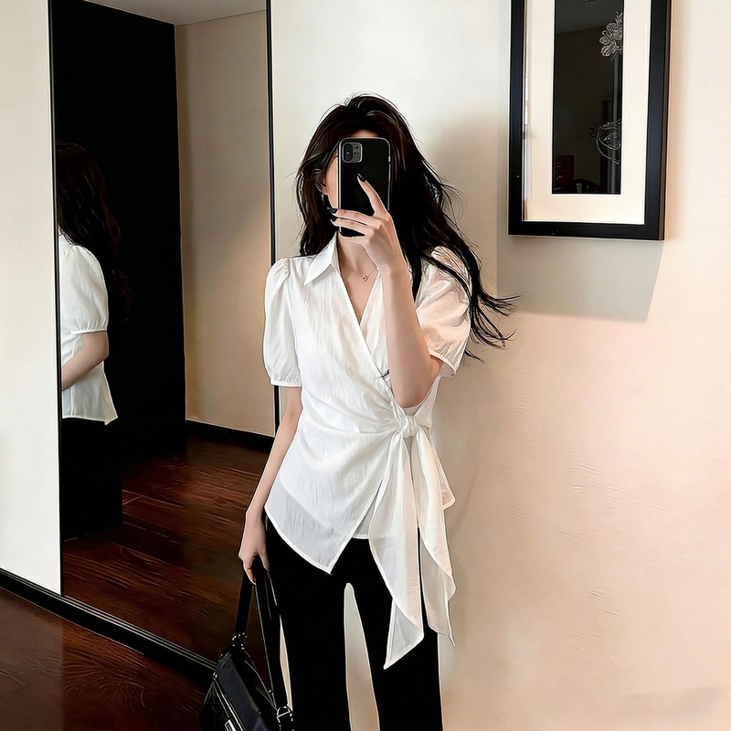 White V-Neck Short-Sleeve Shirt for Women 2026 New Summer Plus Size Slimming Irregular Ribbon Top