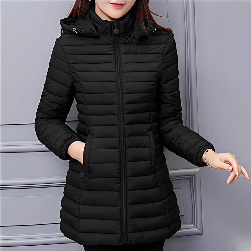 Lightweight, Slim-Fitting, Mid-Length Winter down Cotton Coat for Women, Black Hooded Cotton Jacket, Cotton Clothing for Middle-Aged and Elderly Mothers