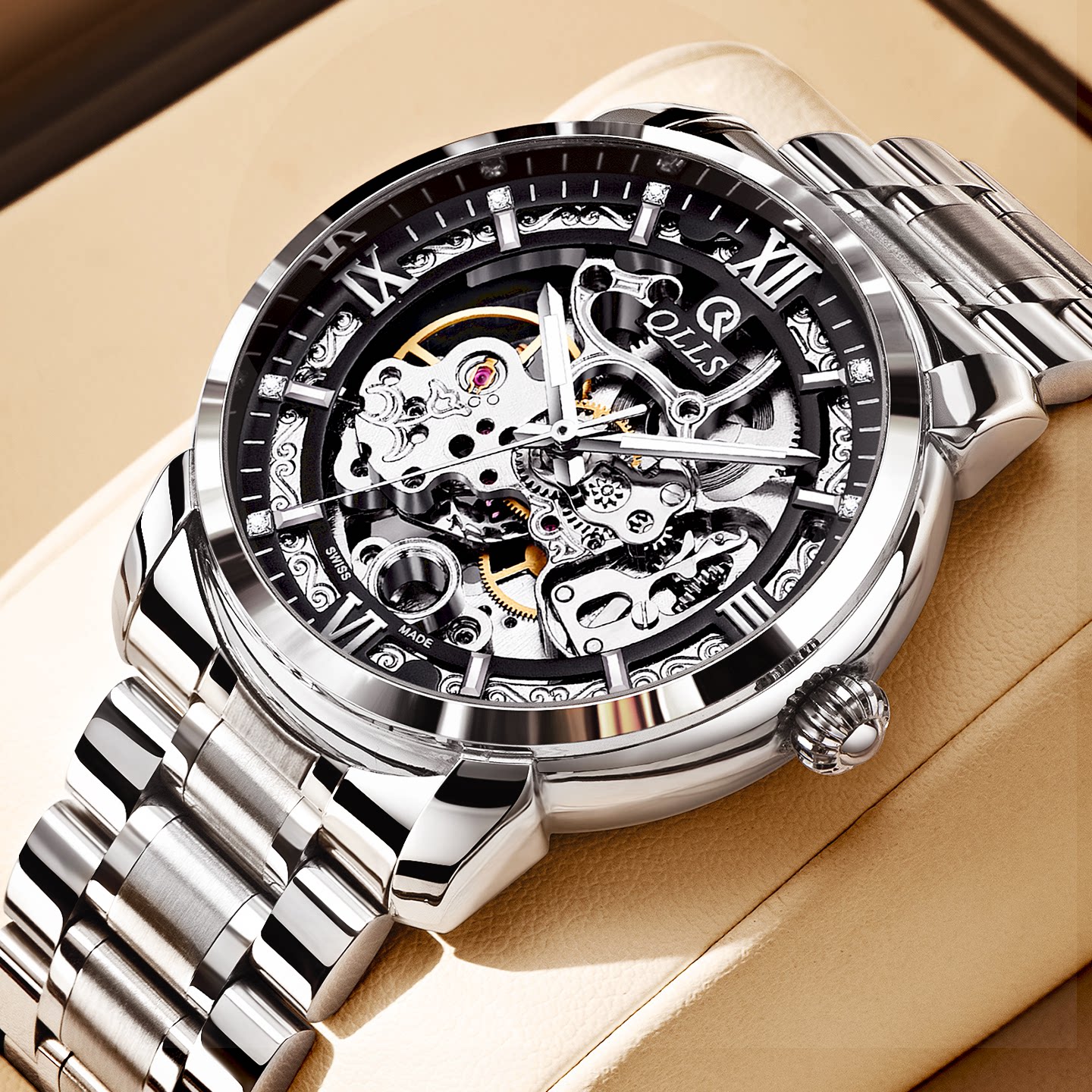 斉洛士 新型本革スケルトン自動巻き機械式防水メンズ腕時計 トゥールビヨン