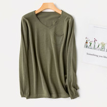 Miansoft long sleeve shirt true silk cotton undershirt V collar T-shirt sleeve head blouse pure color loose big code stitch cardiovert with pocket