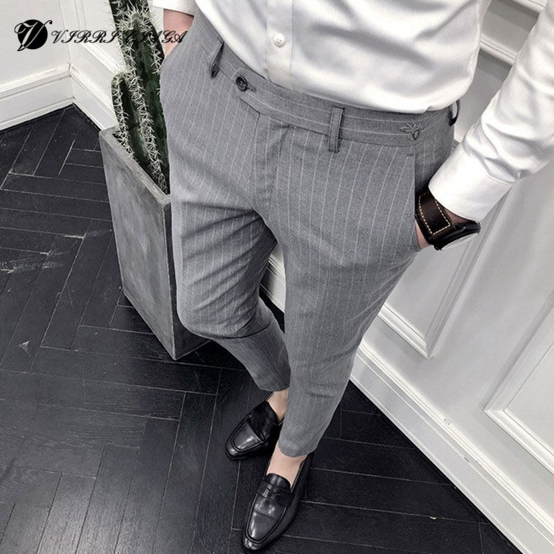 Summer display slim fit with small foot pants male and Korean version for body-free casual 90% Pants Inglées Striped Youth Western Pants-Taobao