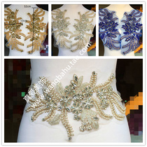 Precious blue gold embroidery Heavy work nail beads symmetric large flower DIY dress Wedding Dress Collar drill with large coat Coat Decoration Drill