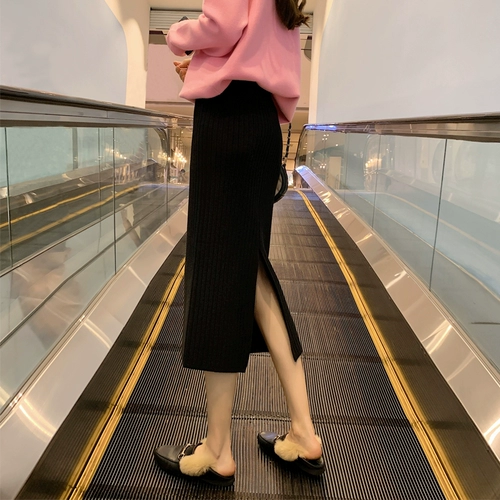 Трикотажная демисезонная длинная шерстяная юбка, увеличенная толщина, средней длины, высокая талия, свободный прямой крой