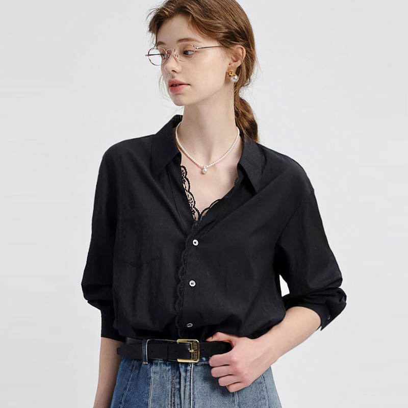 French-Style Light Luxury Black Lace V-Neck Shirt for Women, Long-Sleeved, Loose Fit, Elegant and Versatile, High-End Casual Top French-Style Light Luxury Black Lace V-Neck Shirt for Women, Long-Sleeved, Loose Fit, Elegant and Versatile, High-End Casual Top