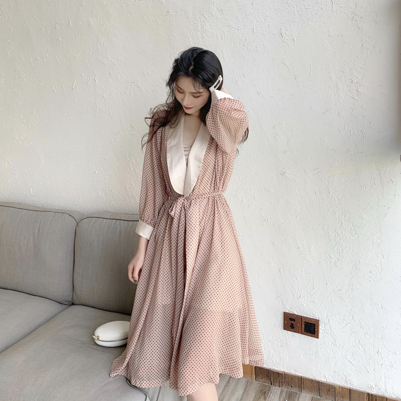 VK旗艦店 韓系復古雪紡優雅波點緞面長袖洋裝