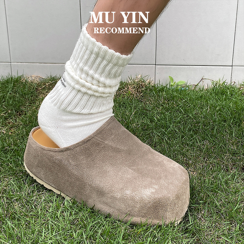 Soft-Soled ~ Cow Suede Leather Closed-Toe Slippers for Men, New Summer Model, Height Increase of 5cm, Slip-On Lazy Birkenstock Shoes for Outdoor Wear Soft-Soled ~ Cow Suede Leather Closed-Toe Slippers for Men, New Summer Model, Height Increase of 5cm, Slip-On Lazy Birkenstock Shoes for Outdoor Wear