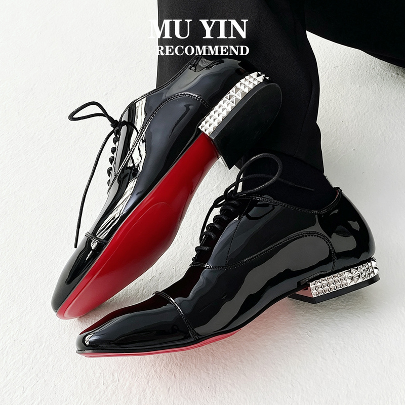 Muyin High-End Patent Leather Cl Red-Soled Leather Shoes, Lightweight Three-Joint Oxford Shoes, Personalized Diamond-Cut Heel Derby Shoes