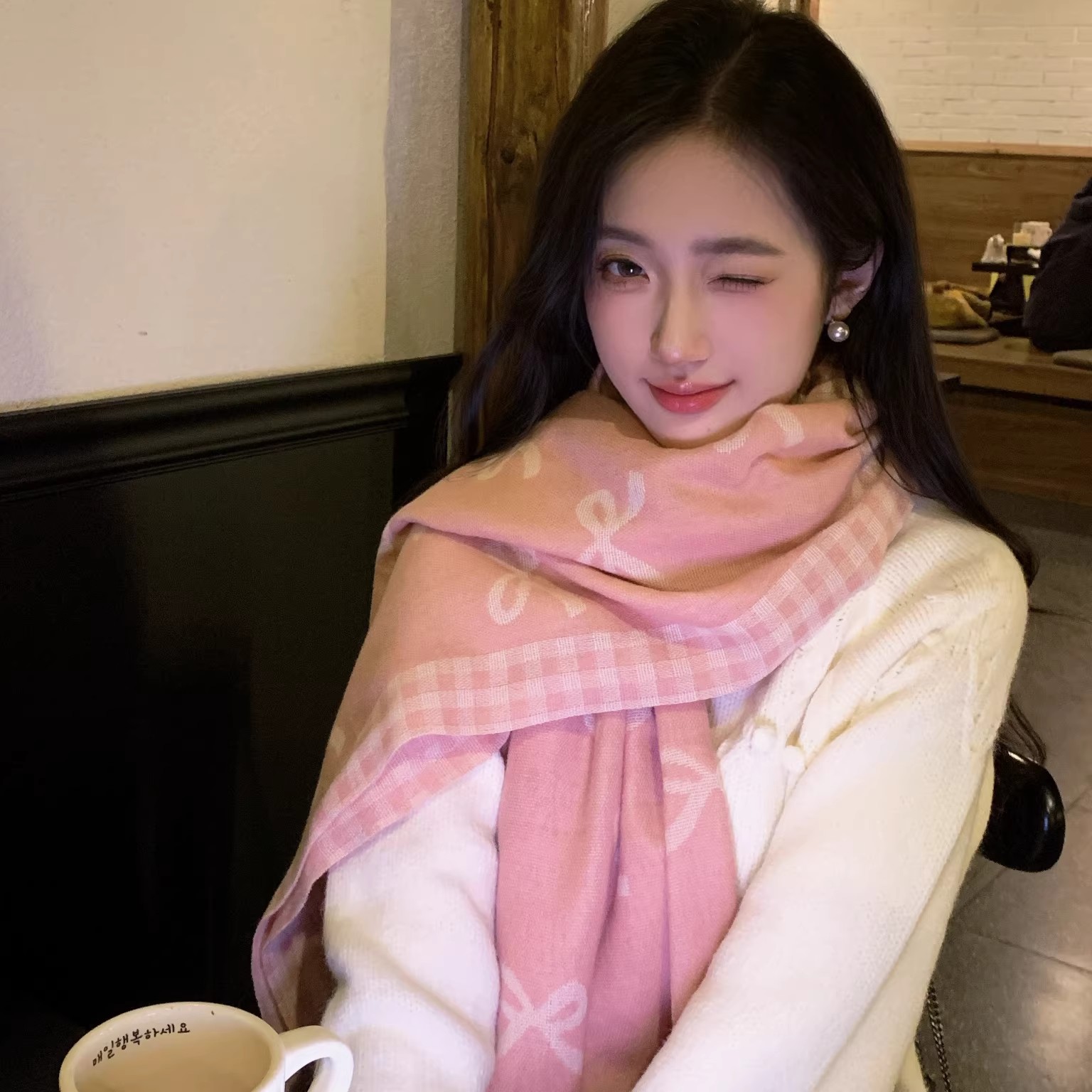 French Covrn Kovra Korean Style Pink Bow Double-Sided Cashmere Scarf, Long Winter Warm Neck Scarf Shawl