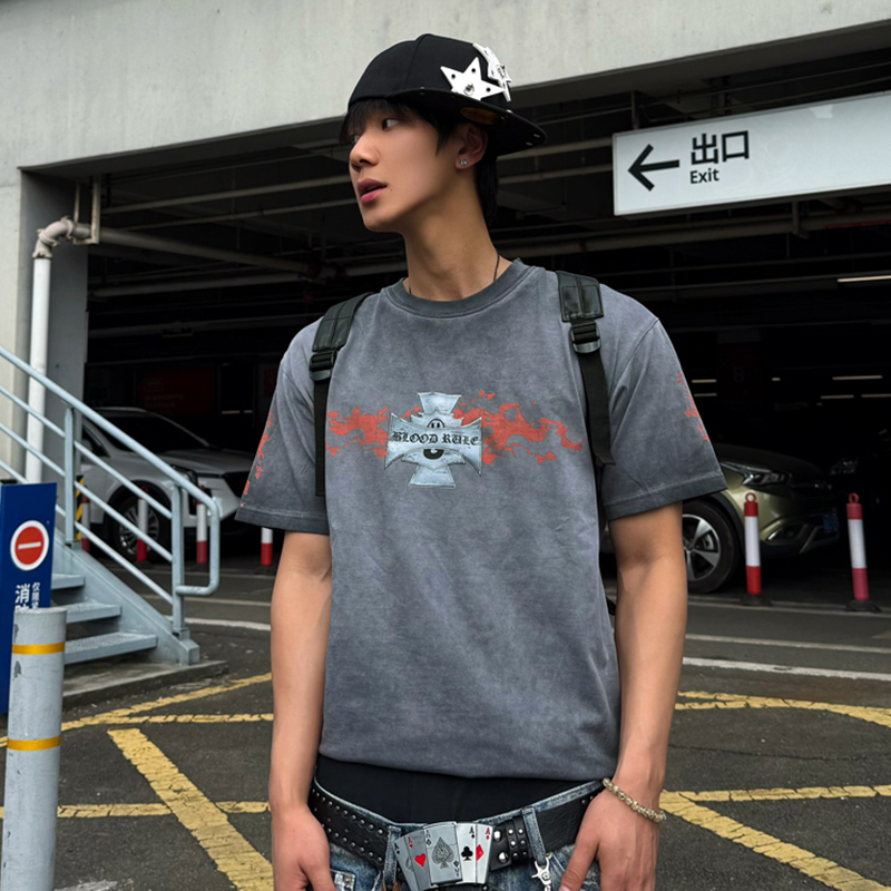 Blood Rule Summer Gradient Vintage Distressed Loose Basic Casual Short-Sleeved T-Shirt for Men