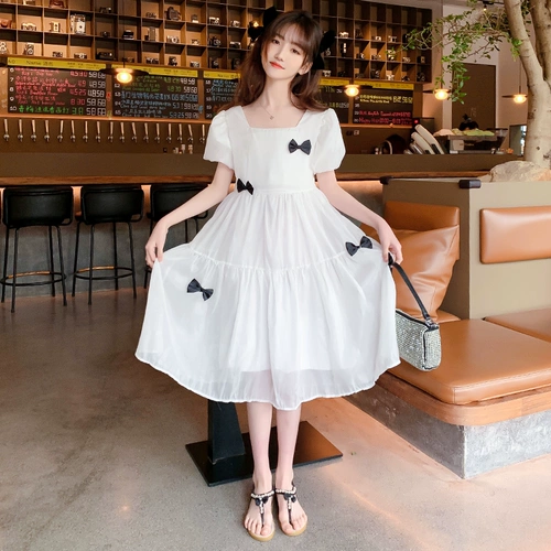 Летняя одежда с бантиком, платье, наряд маленькой принцессы, юбка, коллекция 2022, подходит для подростков, короткий рукав