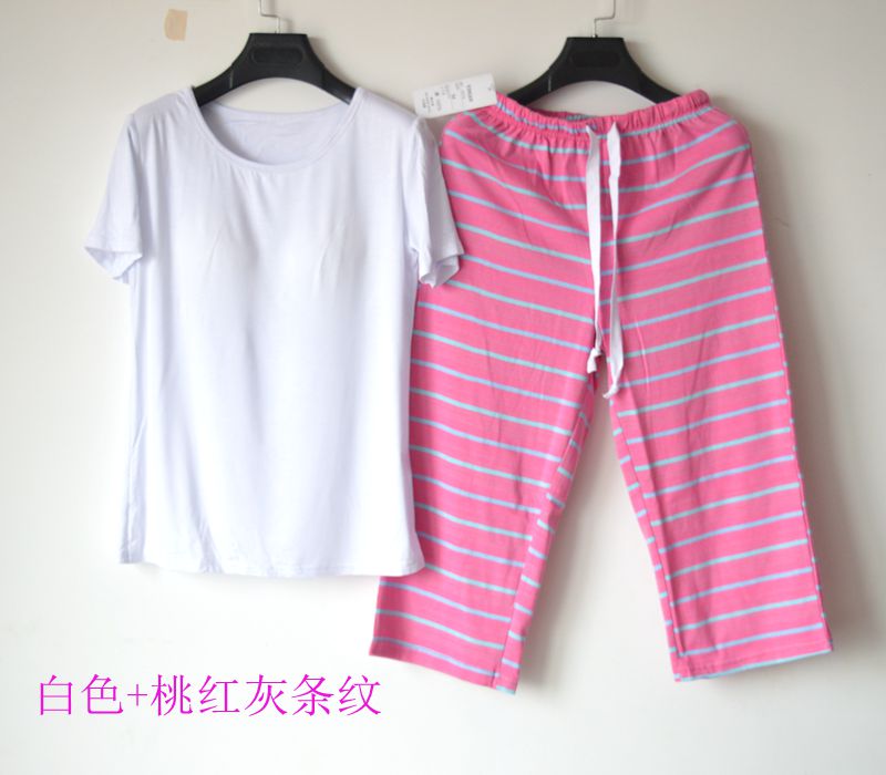 Ladies Summer Modal Tops Bông Sọc Pajama Ngắn Tay Áo Cắt Quần Đồ Ngủ Nhà Dịch Vụ Set