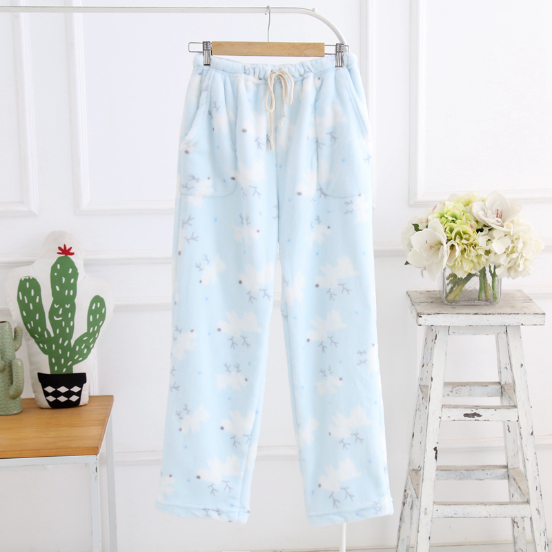 Nữ flannel san hô lông cừu nhà quần nam và nữ ngủ quần mùa thu và mùa đông dày quần ấm sống hoạt hình đồ ngủ quần đũi nam