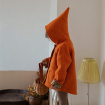 BangBang full ins girls autumn and winter orange red super beautiful woolen coat elf hat floral jacket