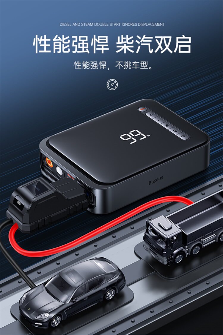 Car-mounted air pump and emergency power starter all-in-one device with digital display, high-power power bank, emergency power source, and ignition tool