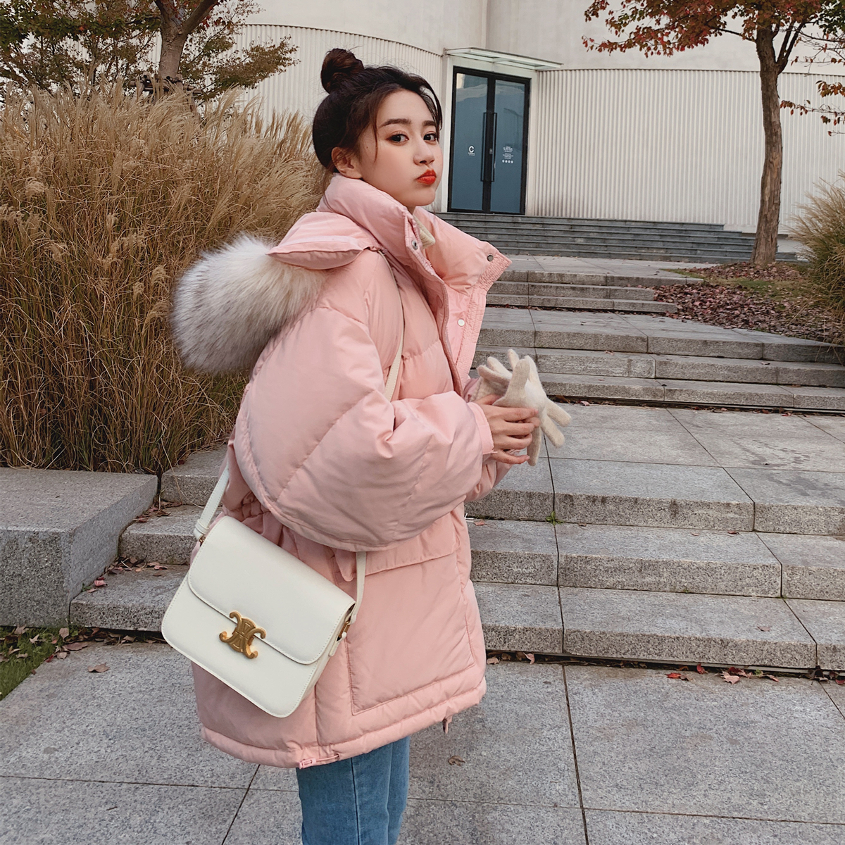 Pink cotton clothes women's winter short thickening 2021 new sweet oversize down cotton clothes bread clothes tide