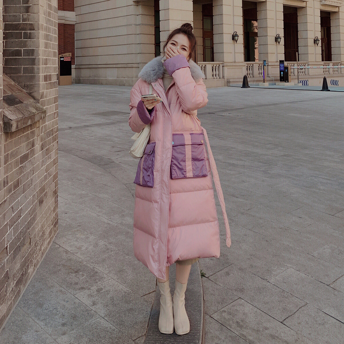 Pink cotton clothes 2021 new women's winter mid-length version with waist temperament ins Hong Kong style thickened down cotton coat