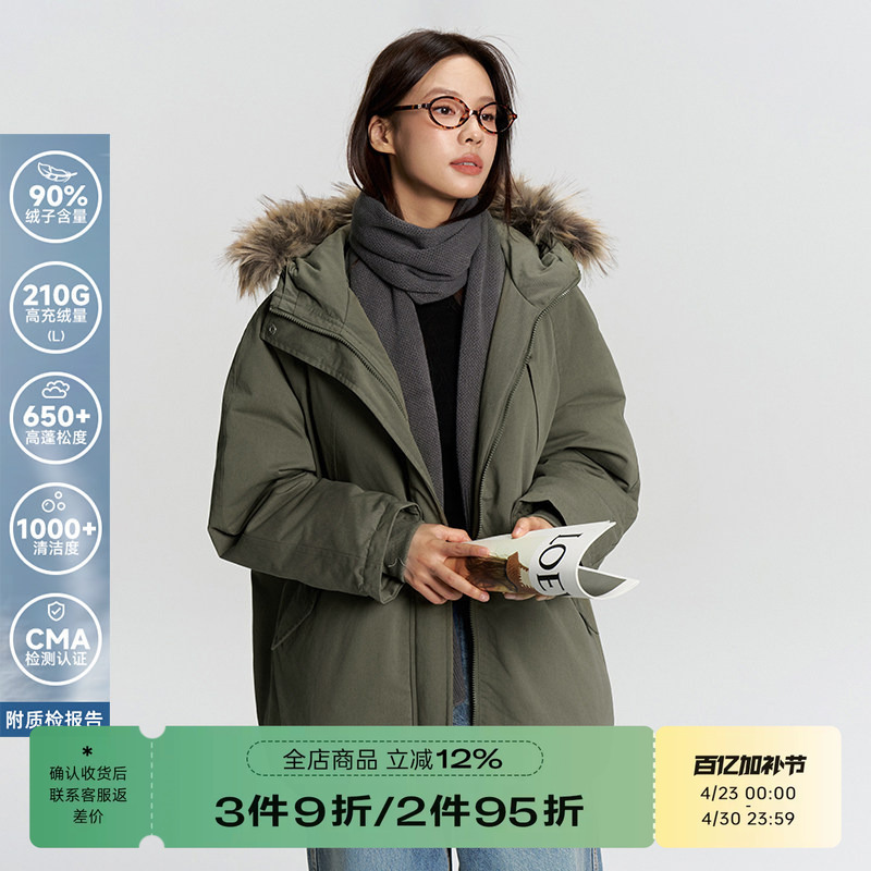 Rappeye Retro Casual Warm Workwear Style down Jacket Thickened Cold-Resistant Fur Collar Hooded Mid-Length Parka