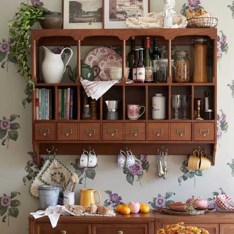 North American Town American Solid Wood Wall Cabinet Storage Rack Retro Wall Hanging Bookshelf Restaurant Wall Hanging Partition Storage