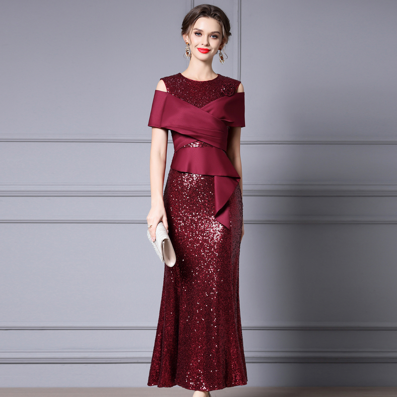 Zhilai Slightly Plump Formal Occasion Dress 2026 Summer New Sequin Burgundy Long Light Dress Fishtail Skirt